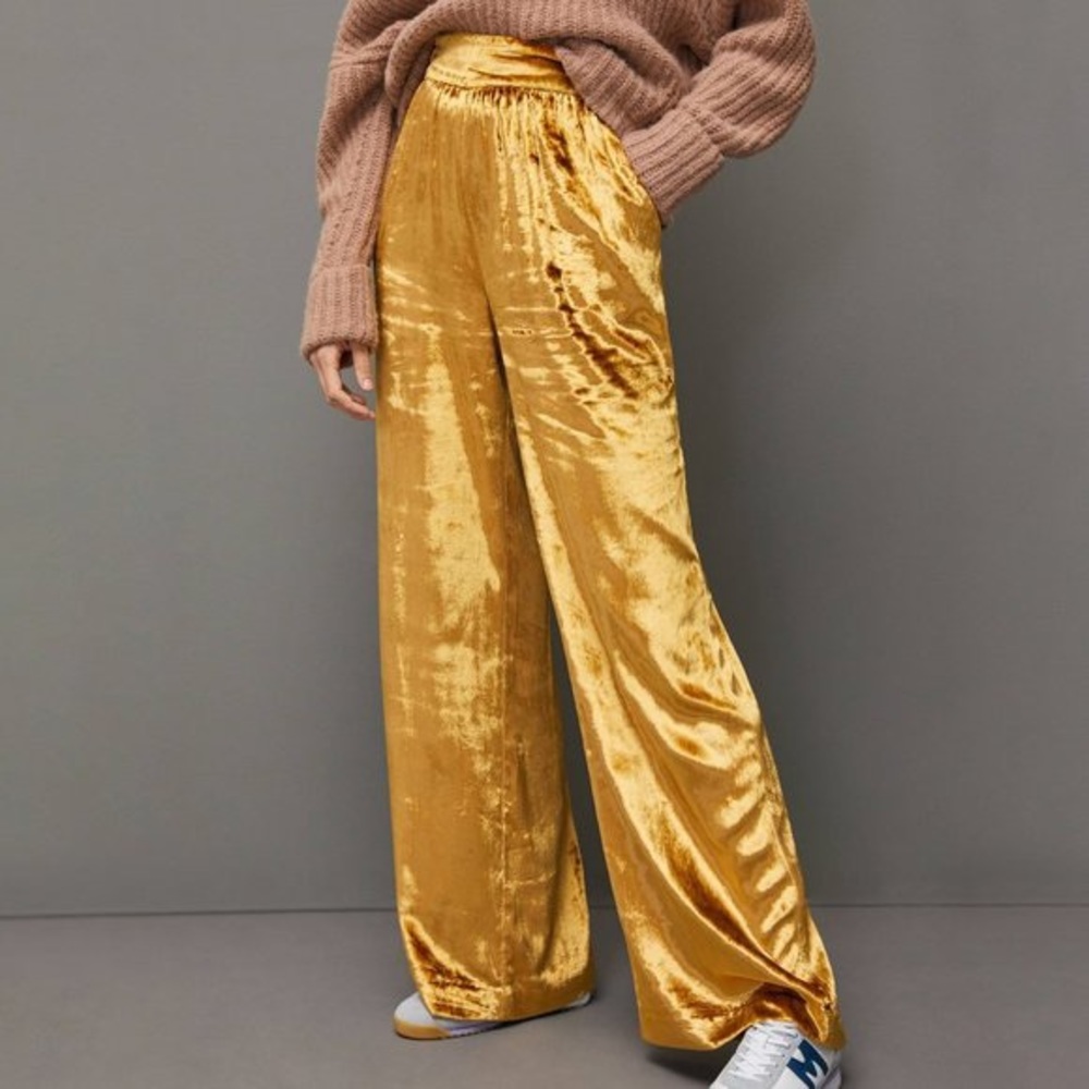 NWOT Anthropologie Maeve Gold Velvet Palazzo Wide Leg Pants